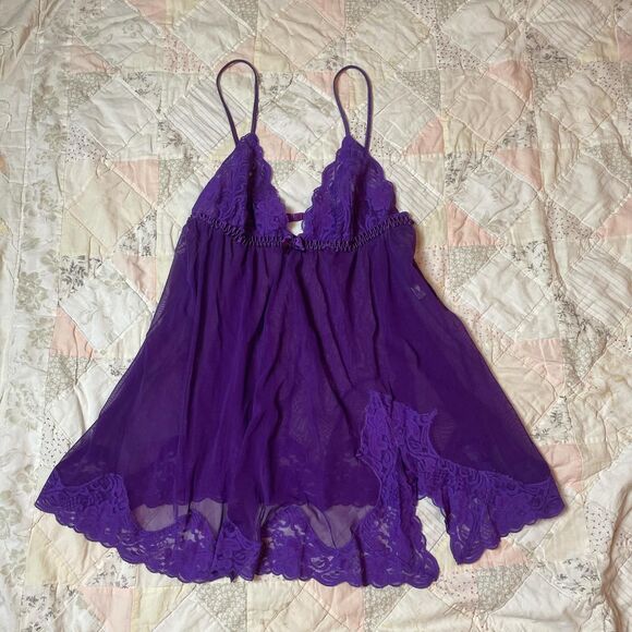 Frederick's of Hollywood Dresses & Skirts - frederick’s of hollywood royal purple floral lace fairy cami slip dress large
